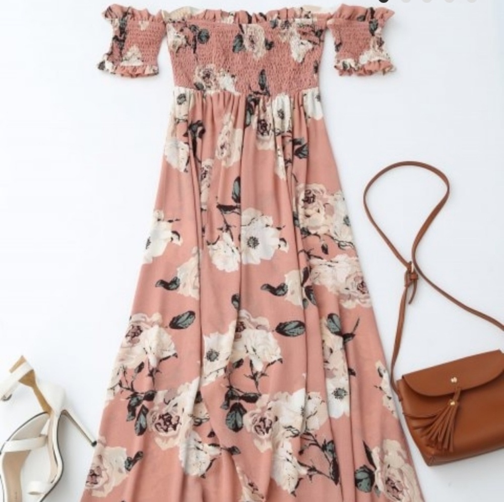 Off Shoulder Shirred Slit Floral MaxiDress -Zaful